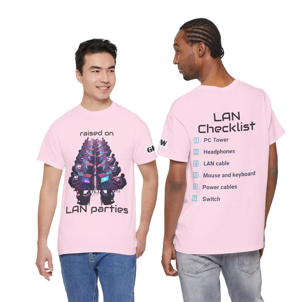 LAN Parties T-Shirt — "Raised on LAN parties" PC Gaming Tee with LAN Checklist