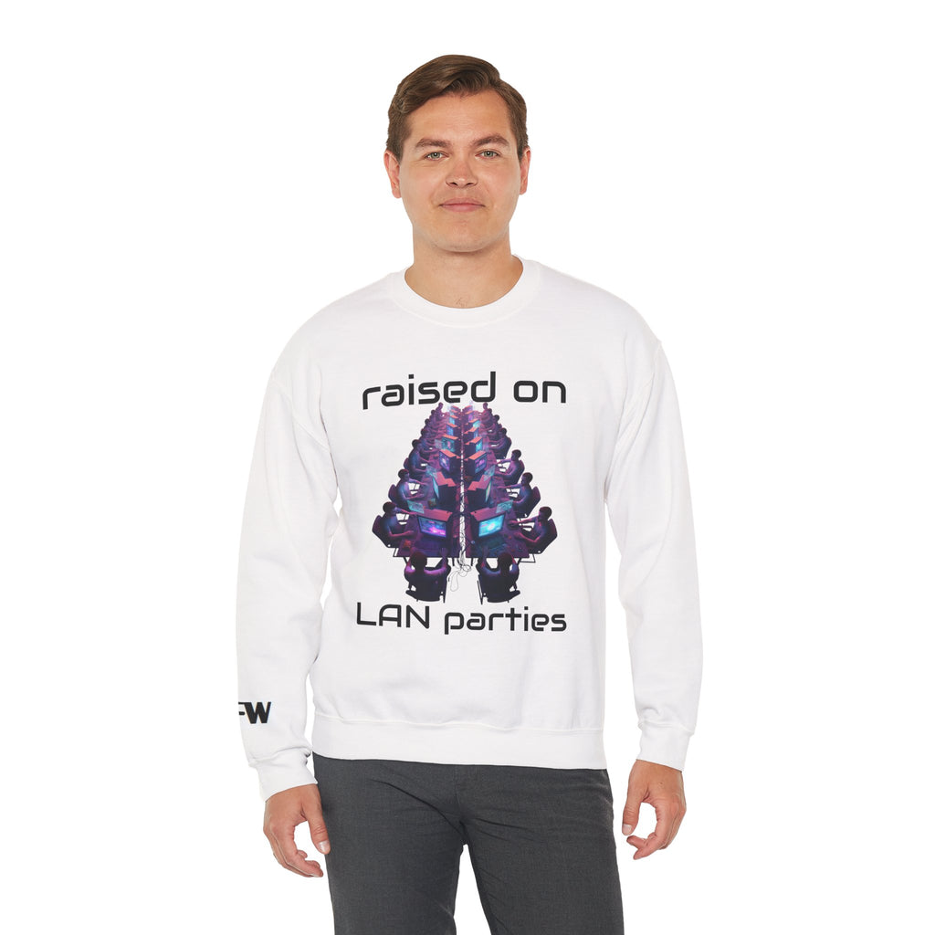LAN Party Sweatshirt — "Raised on LAN Parties" Crewneck with Backside LAN Checklist