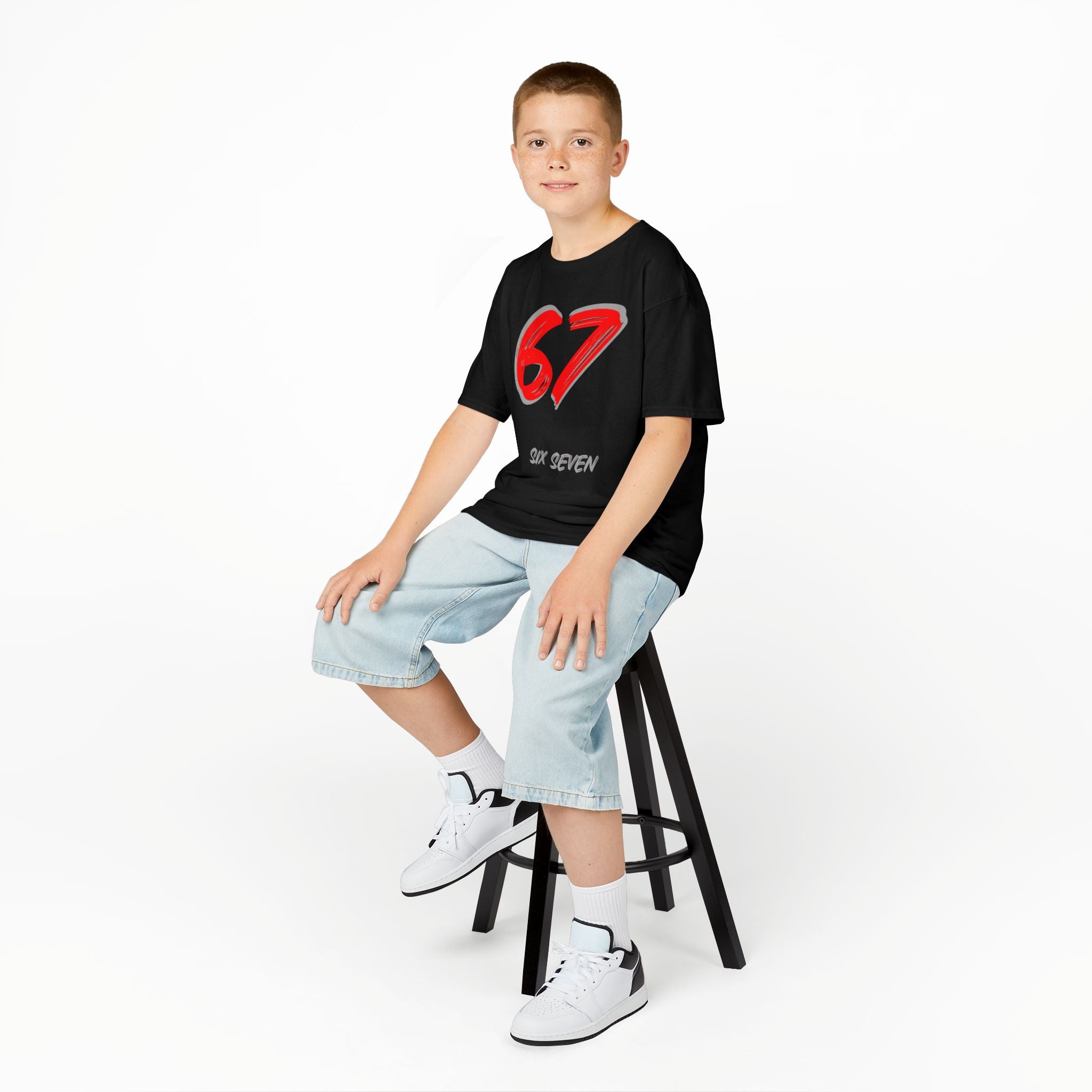 Kids '67' Graphic Tee — Red Number Design with “Six Seven” Text