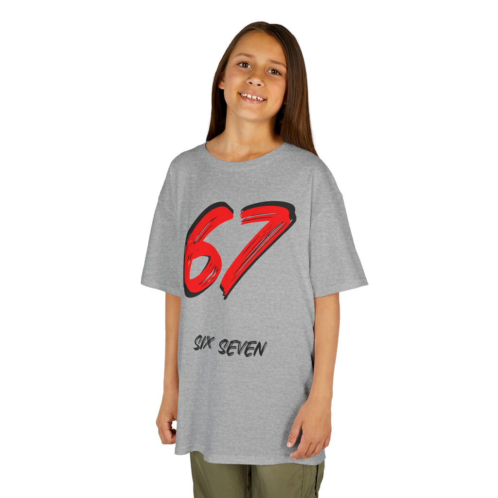 Kids '67' Graphic Tee — Red Number Design with “Six Seven” Text