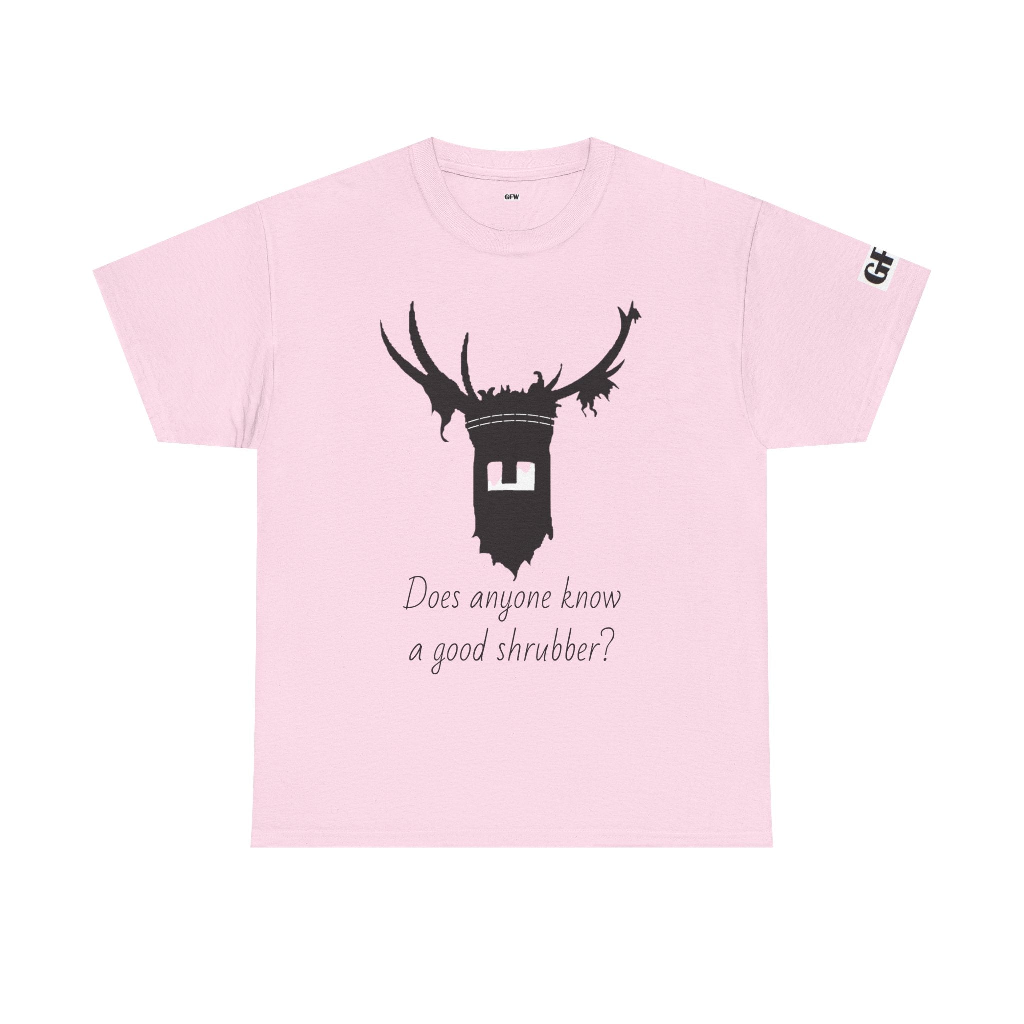 T‑Shirt — 'Does Anyone Know a Good Shrubber?'  Black Deer Mask Tee