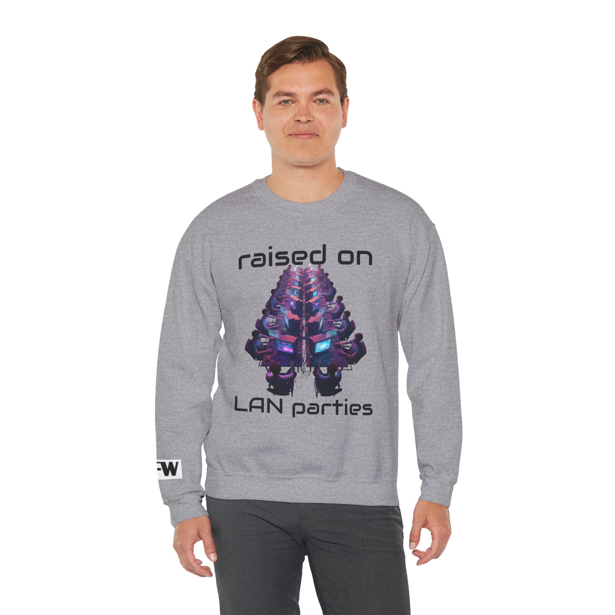 LAN Party Sweatshirt — "Raised on LAN Parties" Crewneck with Backside LAN Checklist
