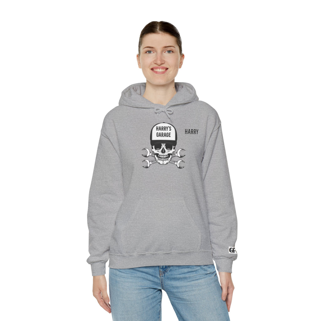 Personalisable - Garage Skull Hoodie — "Harry's Garage" Mechanic Wrench Pullover