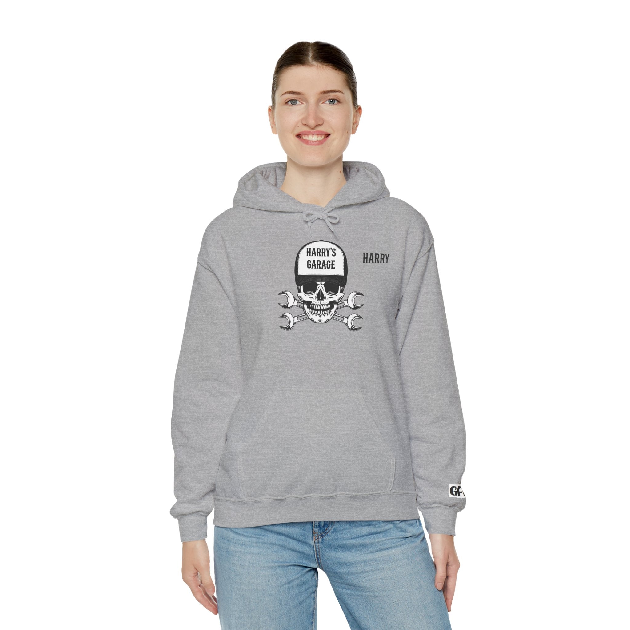 Personalisable - Garage Skull Hoodie — "Harry's Garage" Mechanic Wrench Pullover