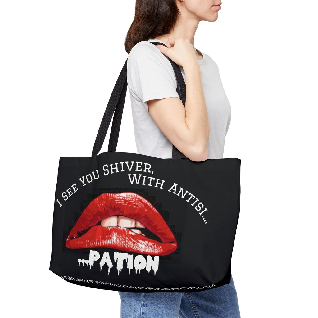 Weekender Tote Bag — "I See You Shiver, With Antisipation" Red Lip Graphic Tote