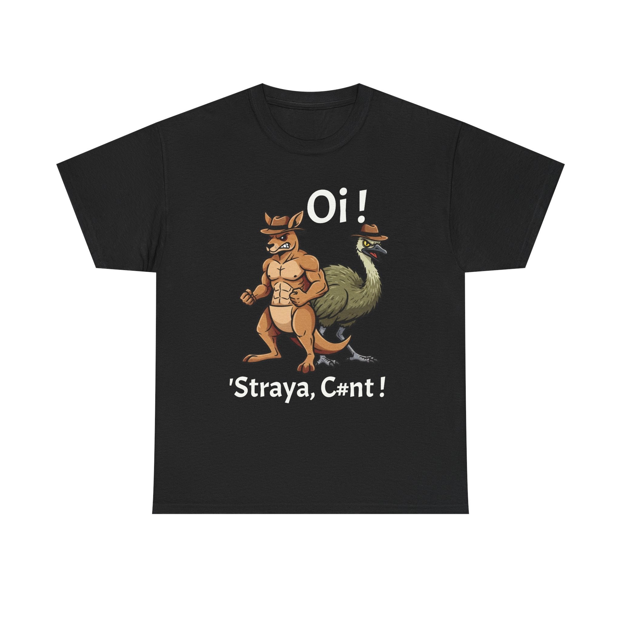 Aussie Mates Graphic Tee — “Oi! ’Straya, C#nt!” Cartoon Kangaroo & Emu Shirt