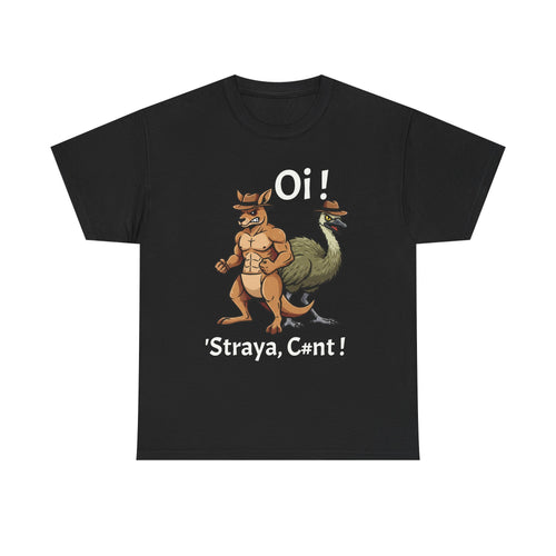 Aussie Mates Graphic Tee — “Oi! ’Straya, C#nt!” Cartoon Kangaroo & Emu Shirt