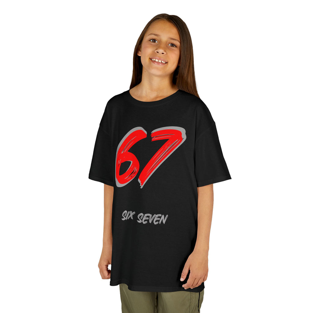 Kids '67' Graphic Tee — Red Number Design with “Six Seven” Text