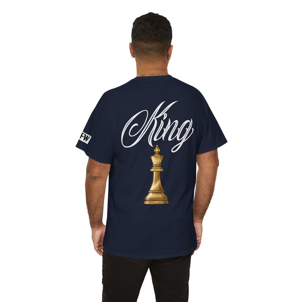 King Tee — White Graphic T‑Shirt with Script "King" & Gold Chess Piece