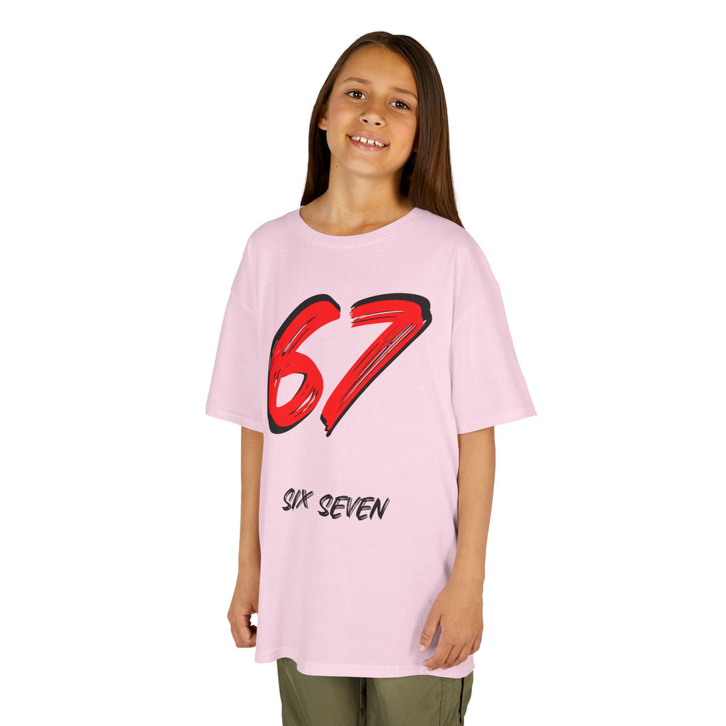 Kids '67' Graphic Tee — Red Number Design with “Six Seven” Text