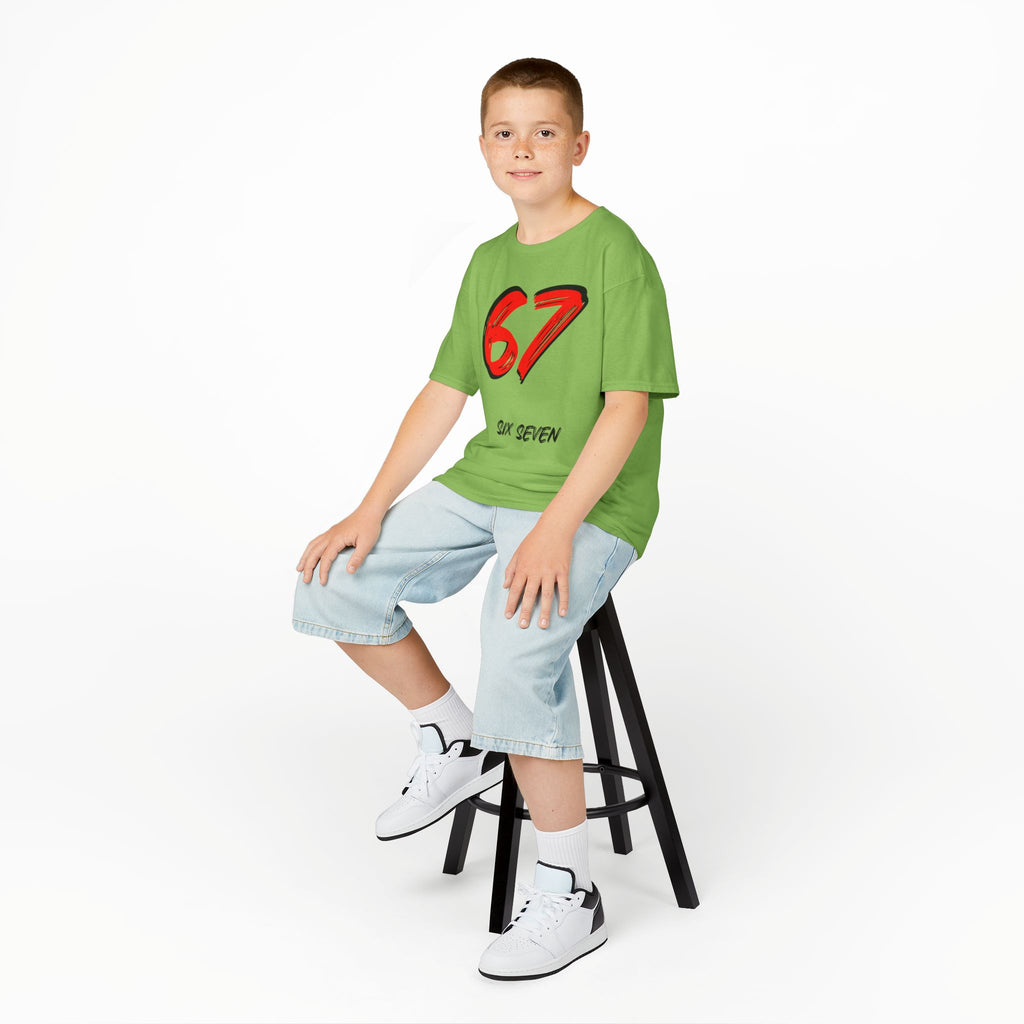 Kids '67' Graphic Tee — Red Number Design with “Six Seven” Text