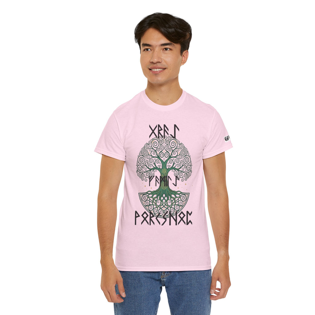 Yggdrasil Tree of Life T‑Shirt — "Gray Family Workshop" written in Rune