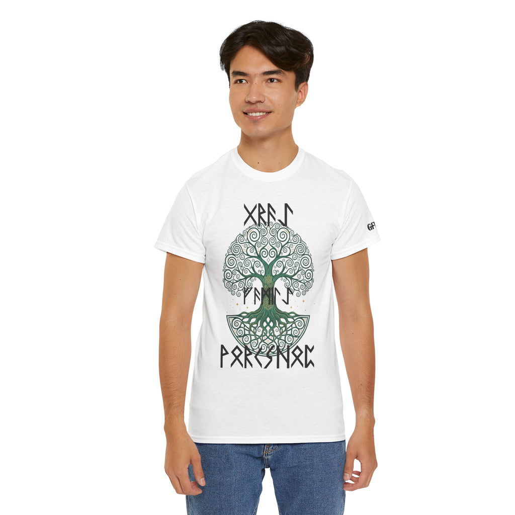 Yggdrasil Tree of Life T‑Shirt — "Gray Family Workshop" written in Rune