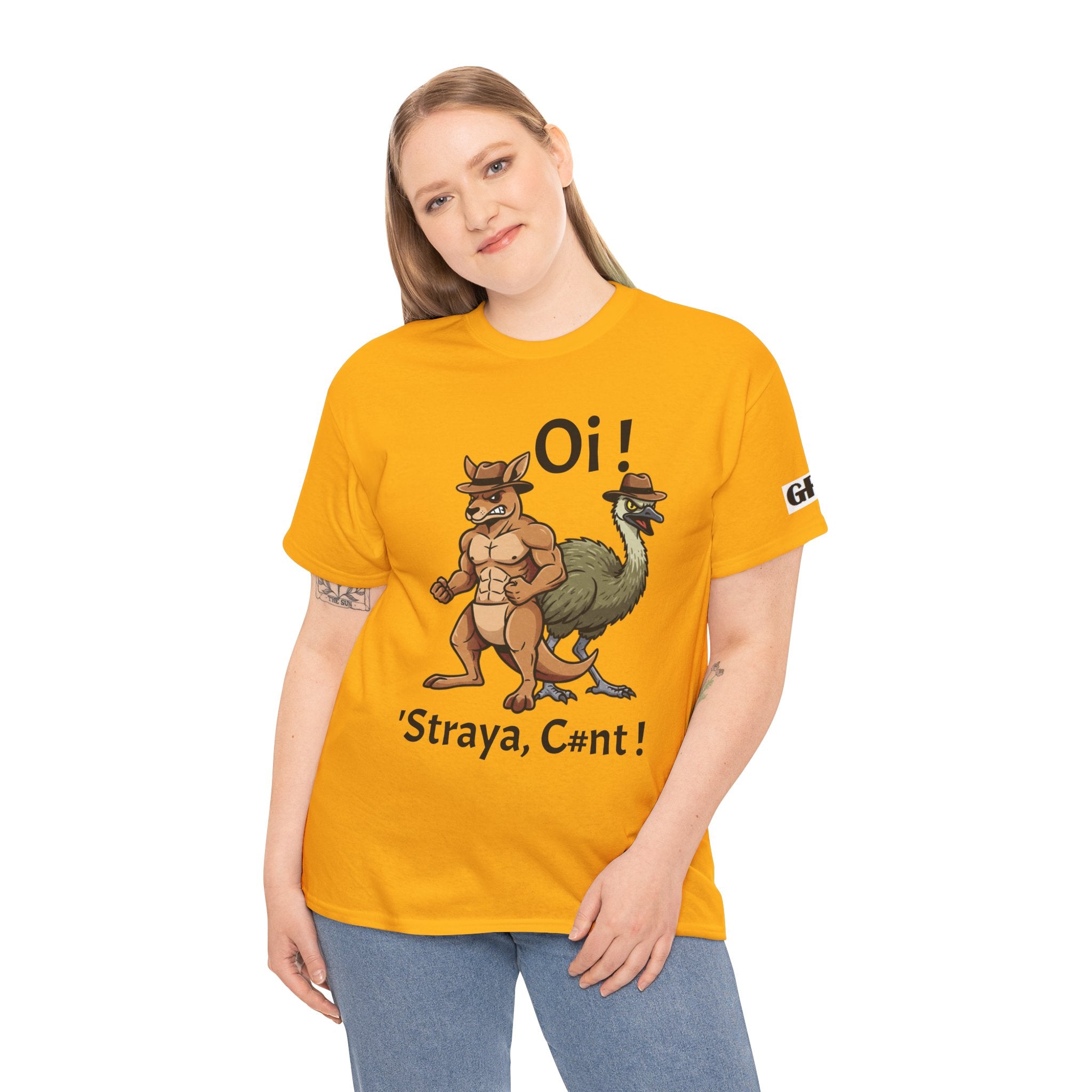 Aussie Mates Graphic Tee — “Oi! ’Straya, C#nt!” Cartoon Kangaroo & Emu Shirt
