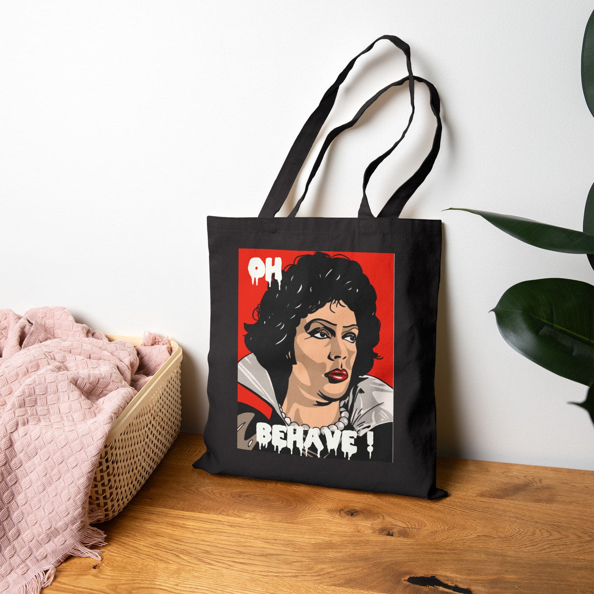 Retro Pop Art Tote Bag — "Oh Behave!" & Red Lips Canvas Shopper