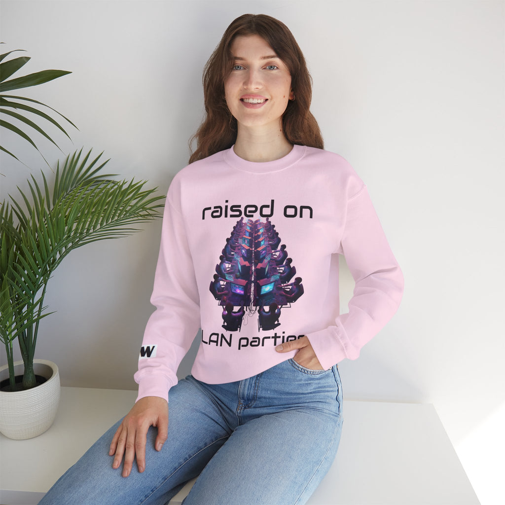 LAN Party Sweatshirt — "Raised on LAN Parties" Crewneck with Backside LAN Checklist