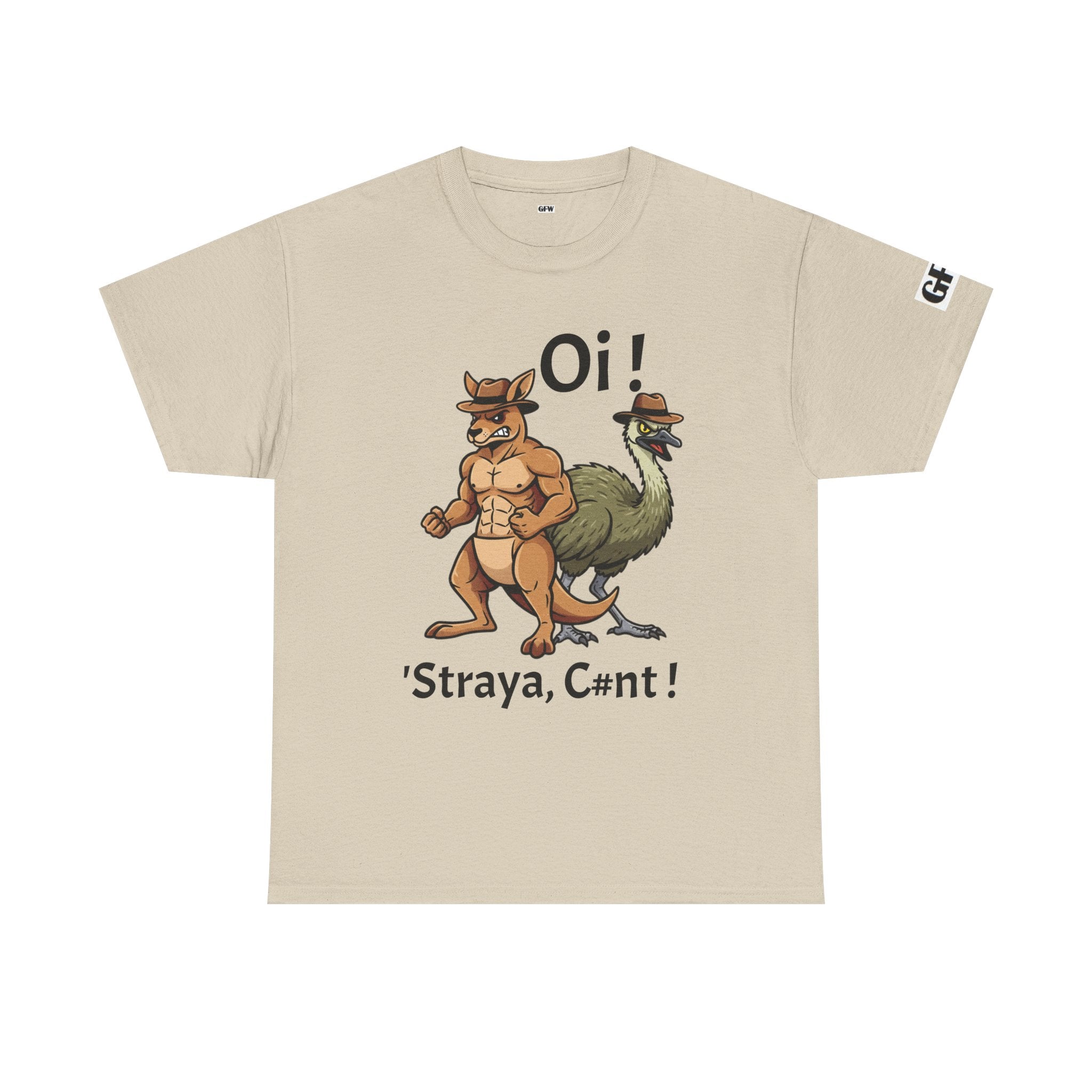 Aussie Mates Graphic Tee — “Oi! ’Straya, C#nt!” Cartoon Kangaroo & Emu Shirt