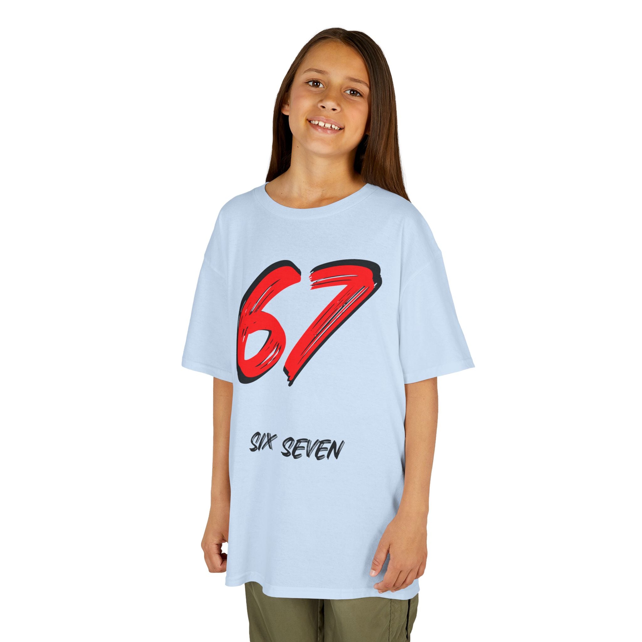 Kids '67' Graphic Tee — Red Number Design with “Six Seven” Text