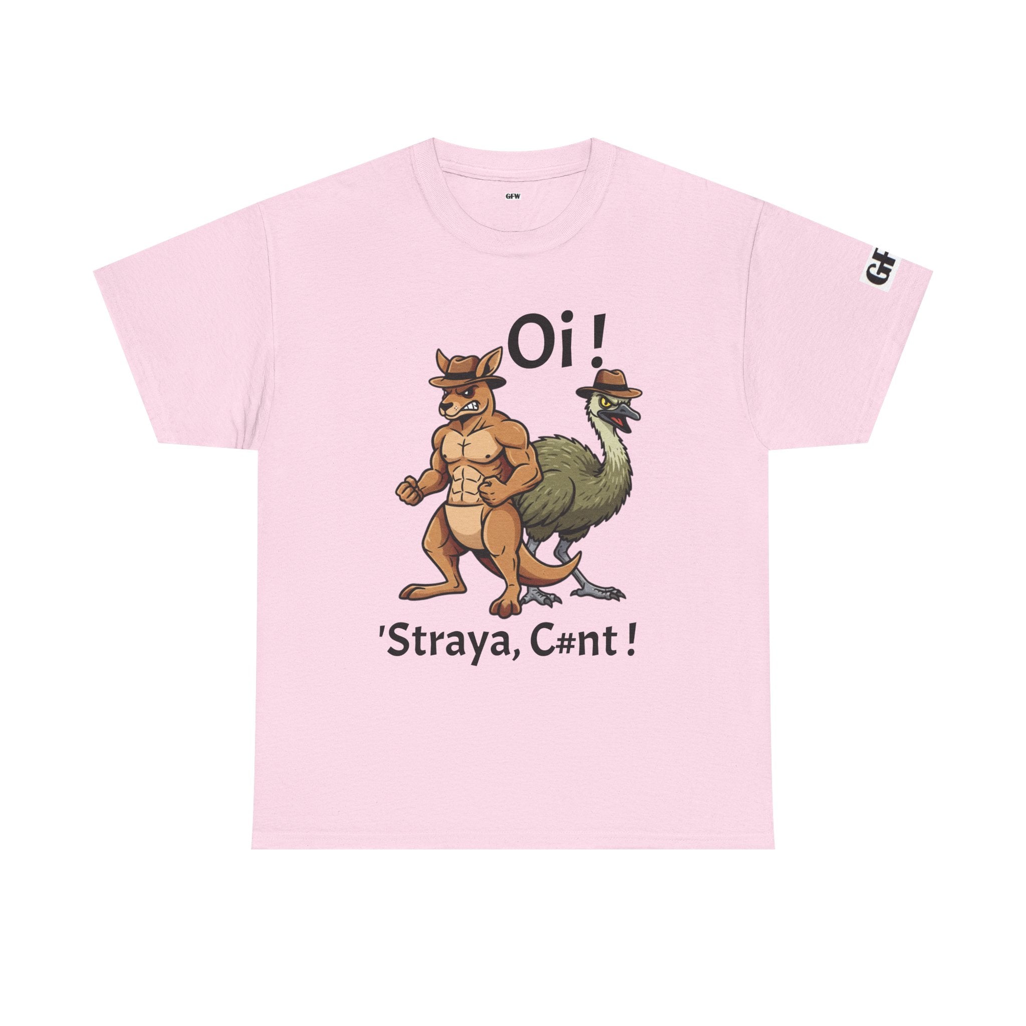Aussie Mates Graphic Tee — “Oi! ’Straya, C#nt!” Cartoon Kangaroo & Emu Shirt