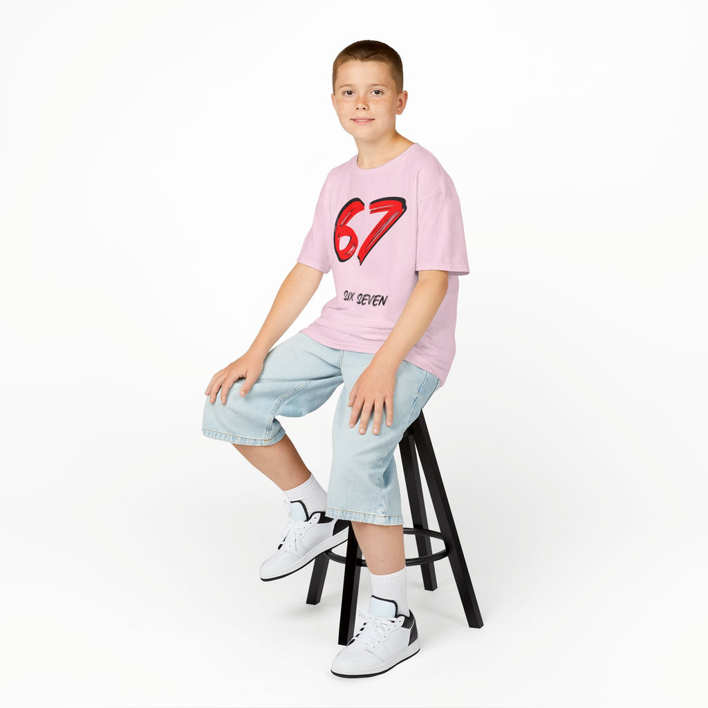Kids '67' Graphic Tee — Red Number Design with “Six Seven” Text