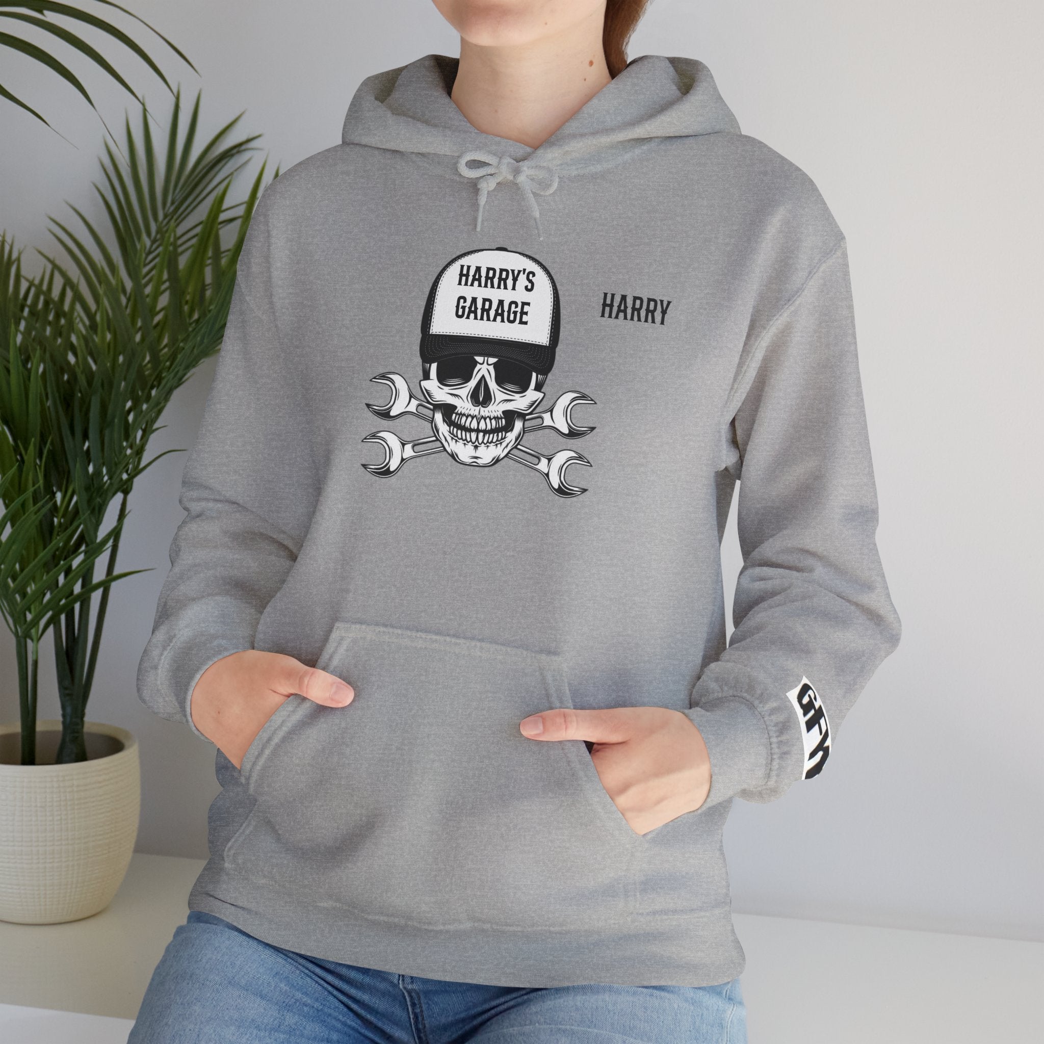 Personalisable - Garage Skull Hoodie — "Harry's Garage" Mechanic Wrench Pullover