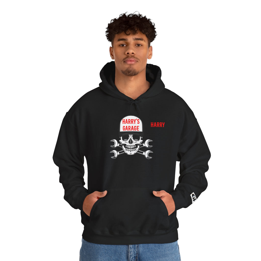 Personalisable - Garage Skull Hoodie — "Harry's Garage" Mechanic Wrench Pullover