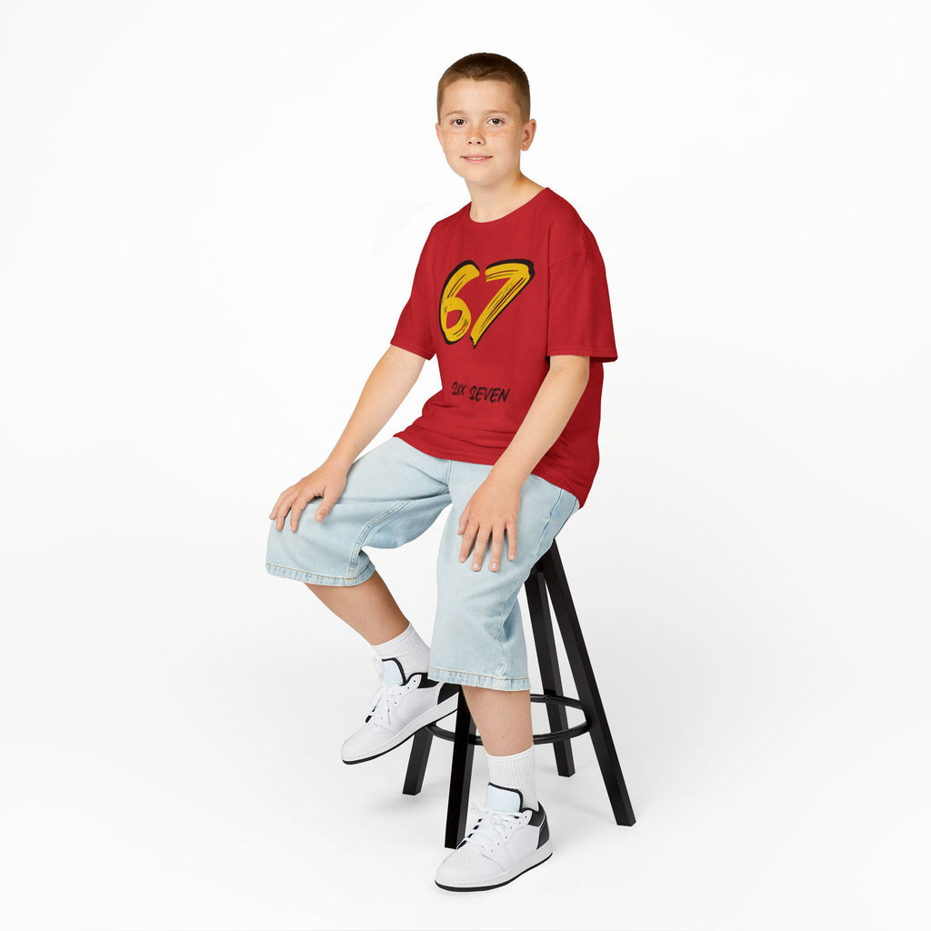 Kids '67' Graphic Tee — Red Number Design with “Six Seven” Text