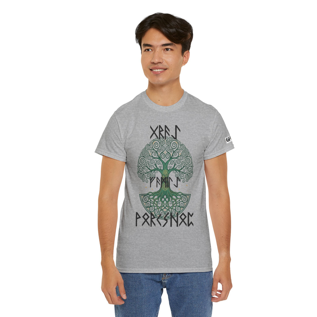 Yggdrasil Tree of Life T‑Shirt — "Gray Family Workshop" written in Rune