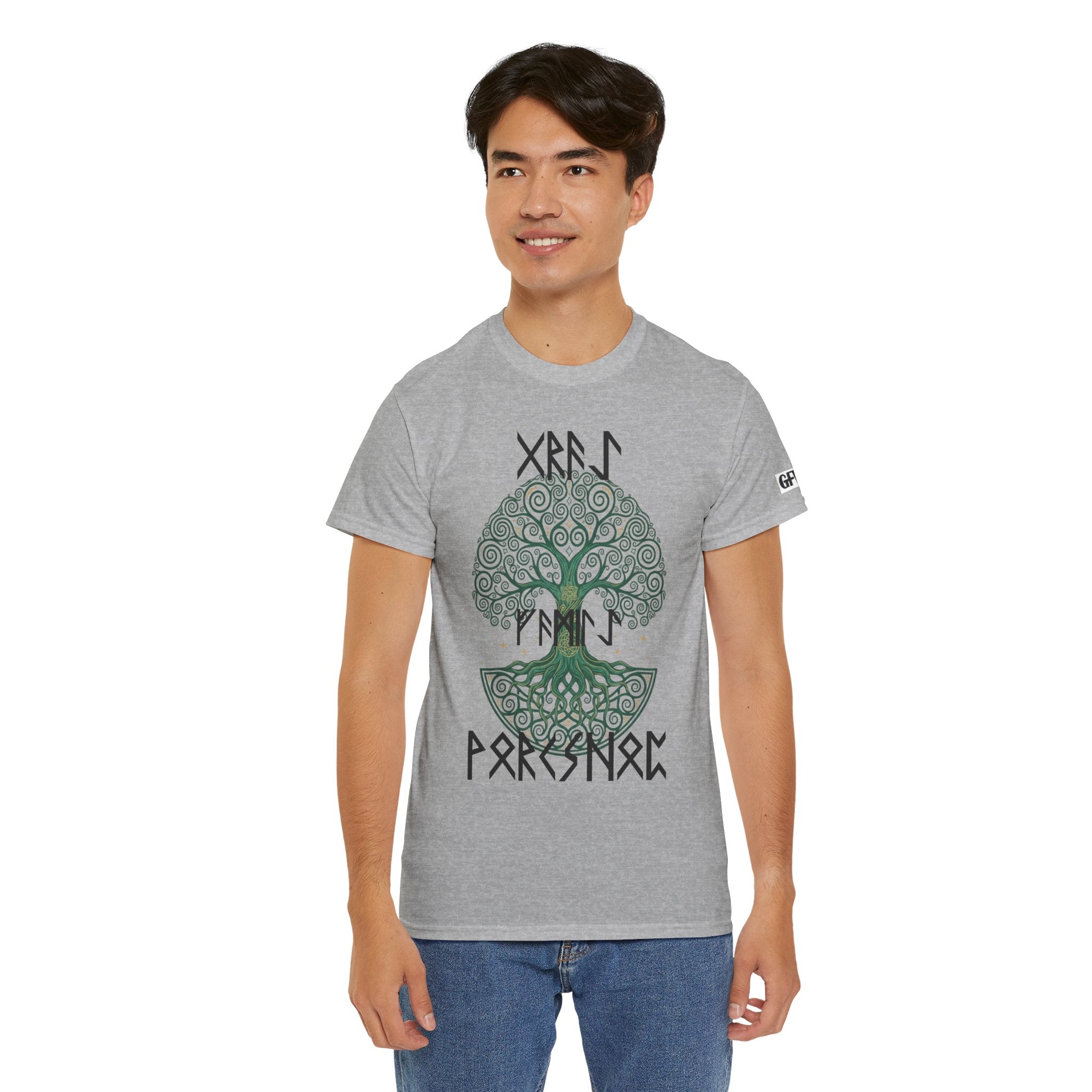Yggdrasil Tree of Life T‑Shirt — "Gray Family Workshop" written in Rune