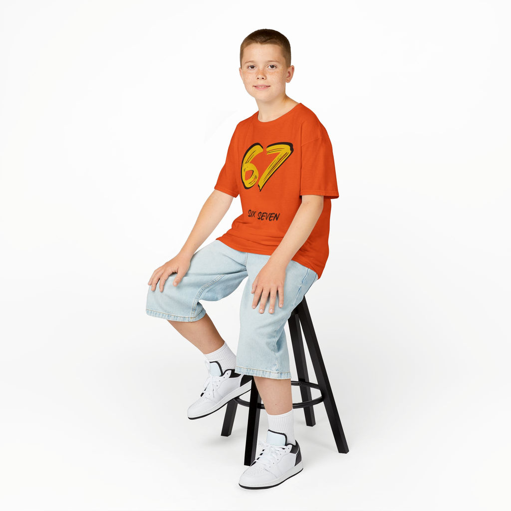 Kids '67' Graphic Tee — Red Number Design with “Six Seven” Text