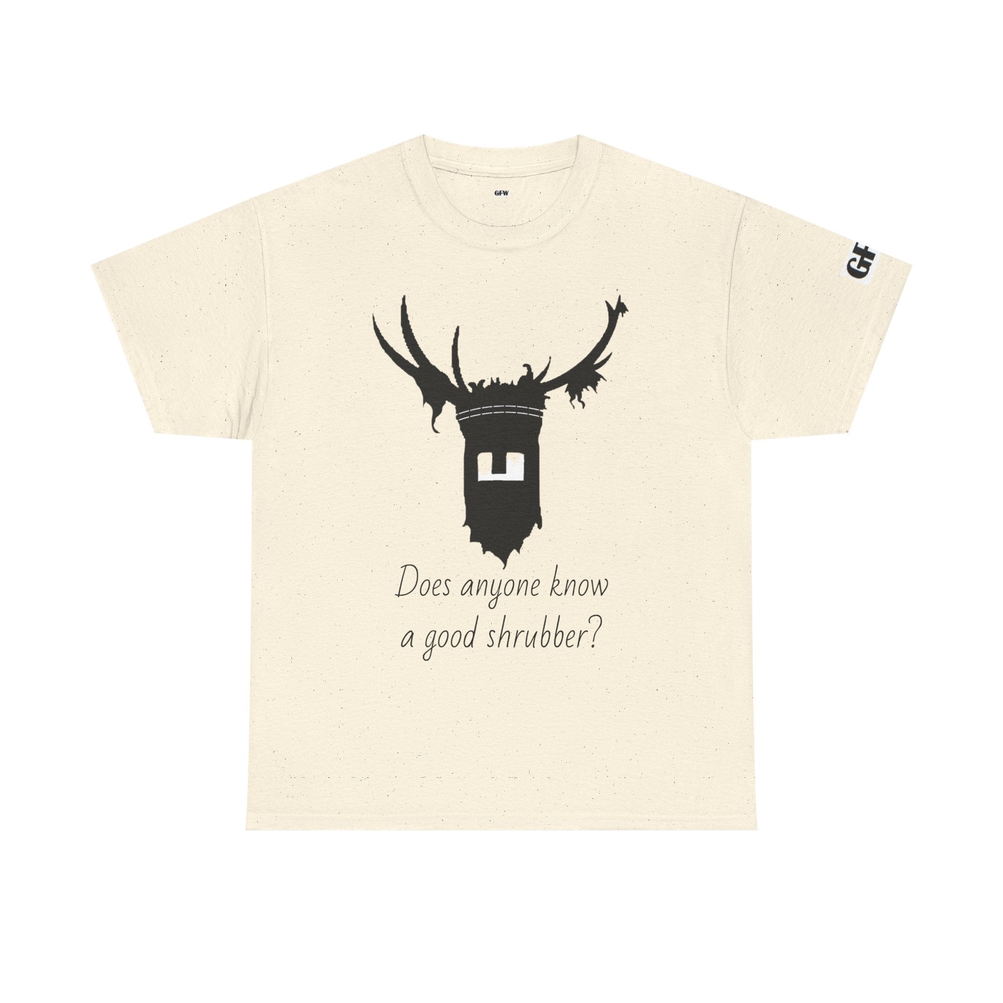 T‑Shirt — 'Does Anyone Know a Good Shrubber?'  Black Deer Mask Tee