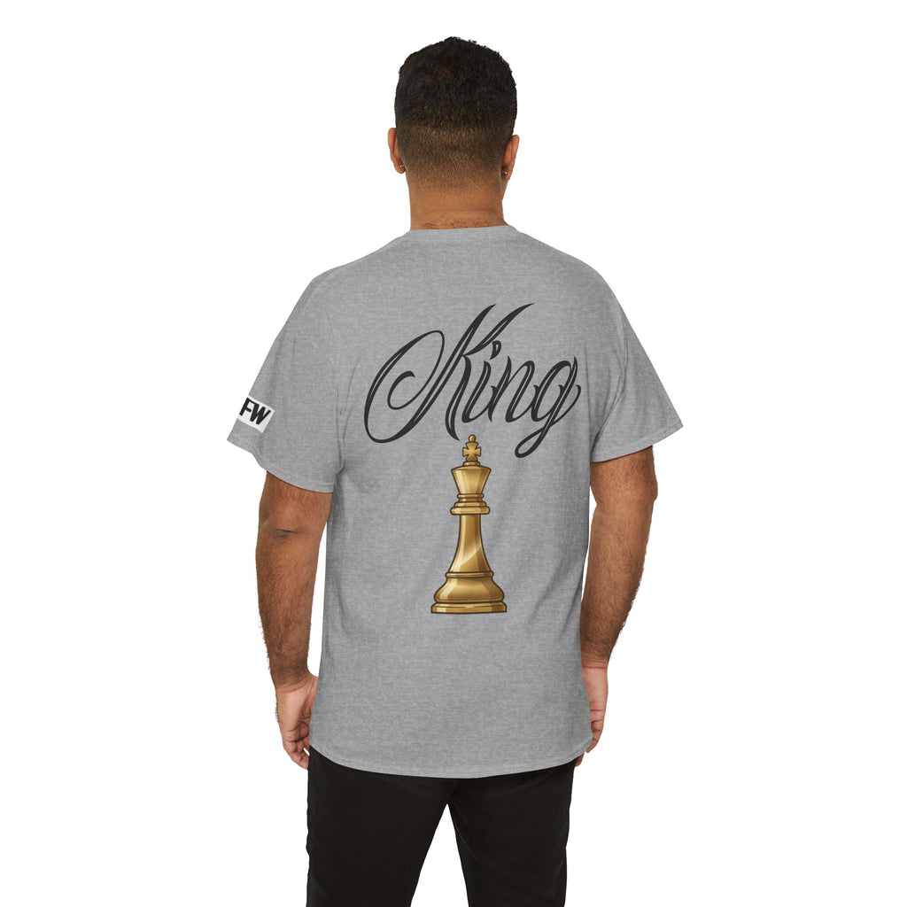 King Tee — White Graphic T‑Shirt with Script "King" & Gold Chess Piece