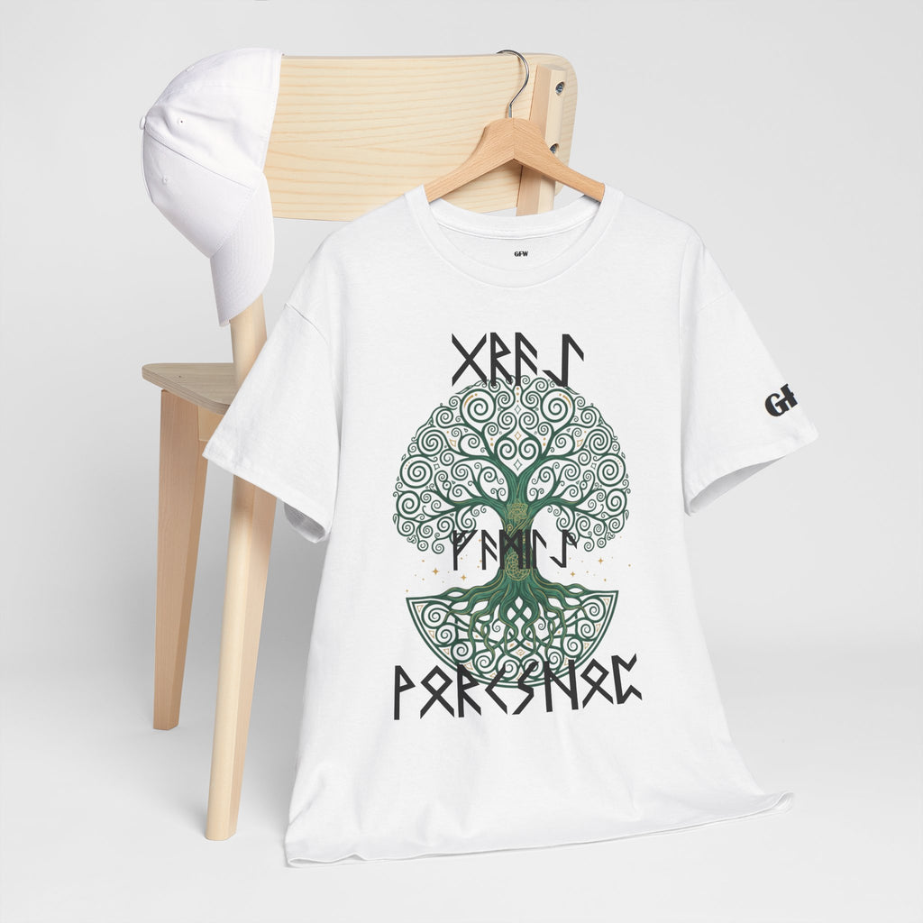 Yggdrasil Tree of Life T‑Shirt — "Gray Family Workshop" written in Rune