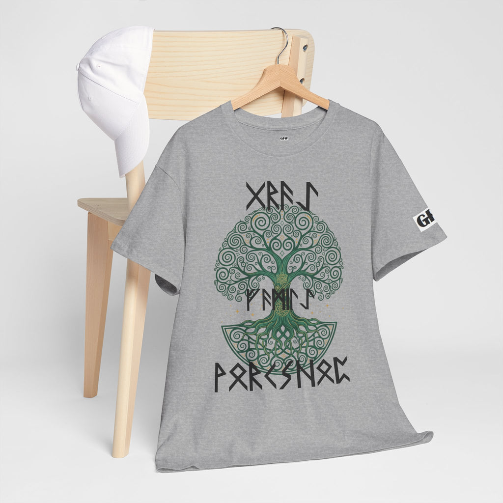 Yggdrasil Tree of Life T‑Shirt — "Gray Family Workshop" written in Rune