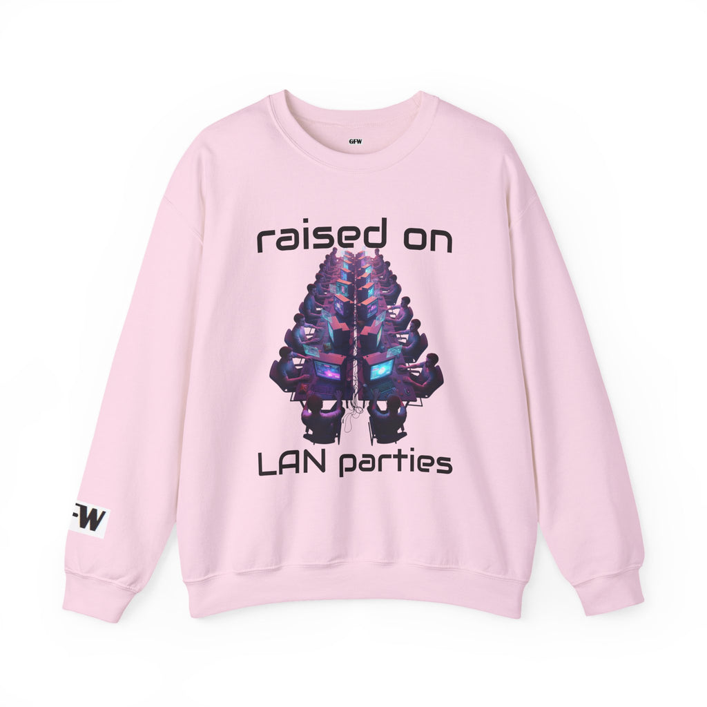 LAN Party Sweatshirt — "Raised on LAN Parties" Crewneck with Backside LAN Checklist