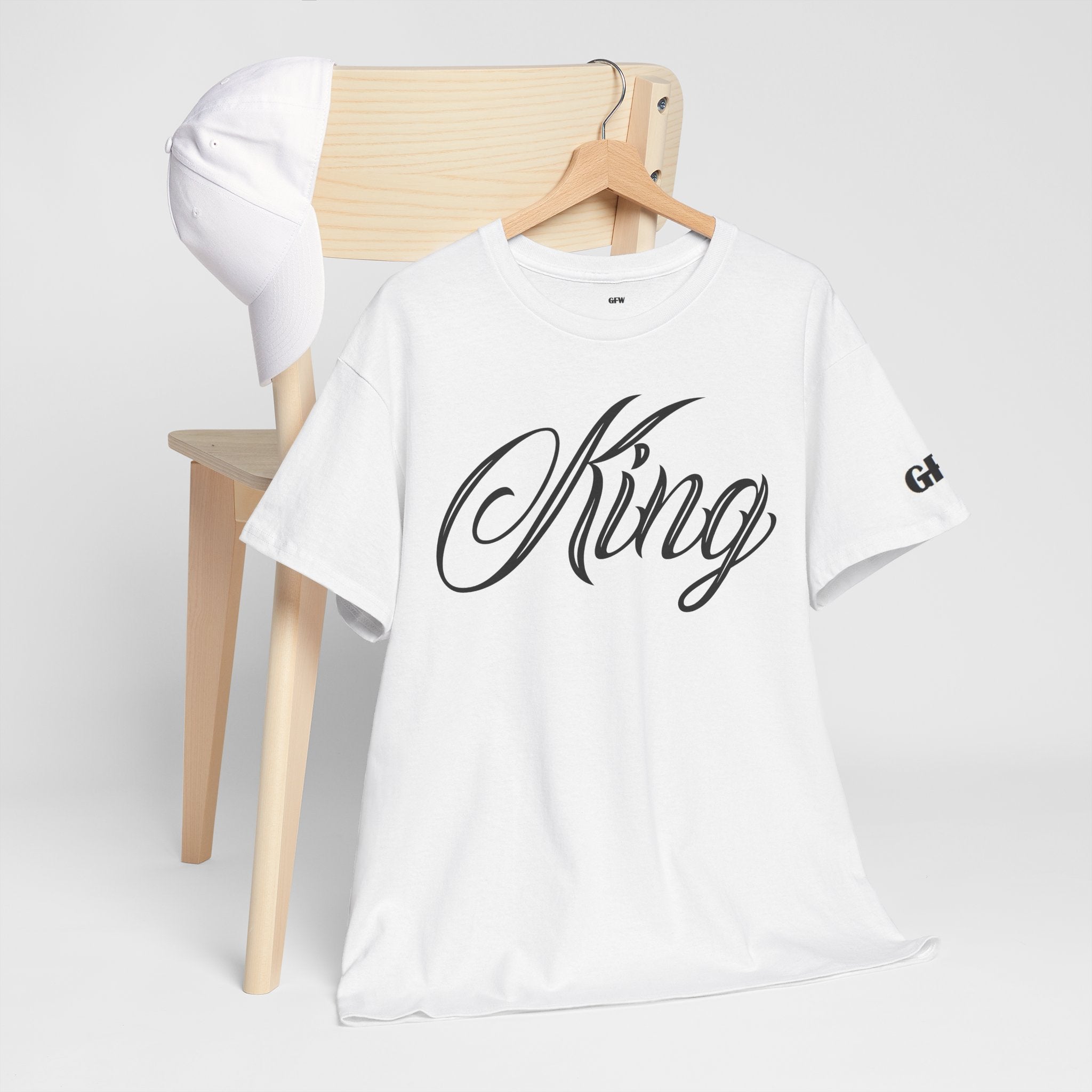 King Tee — White Graphic T‑Shirt with Script "King" & Gold Chess Piece
