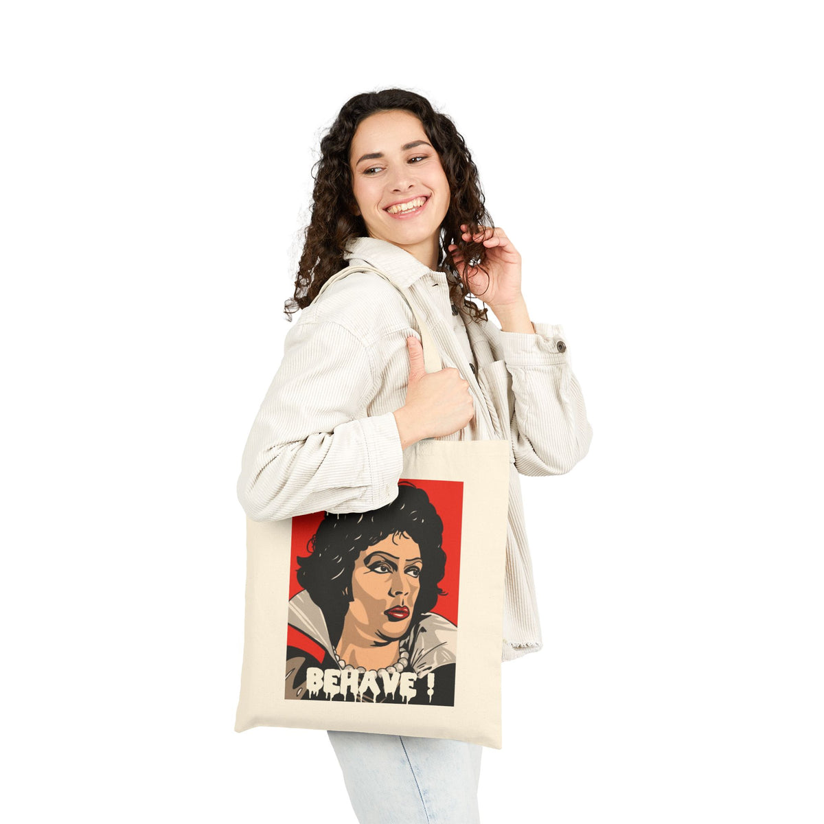 Retro Pop Art Tote Bag — "Oh Behave!" & Red Lips Canvas Shopper