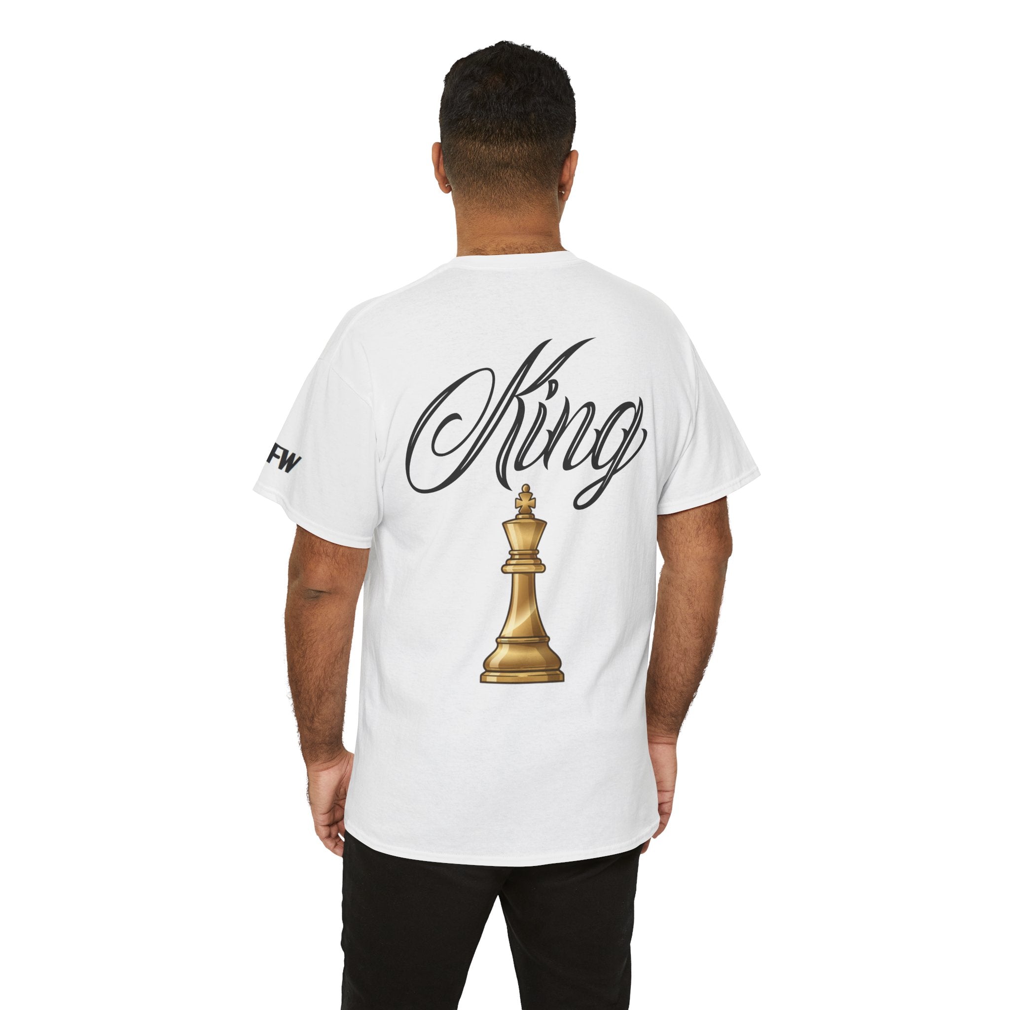 King Tee — White Graphic T‑Shirt with Script "King" & Gold Chess Piece