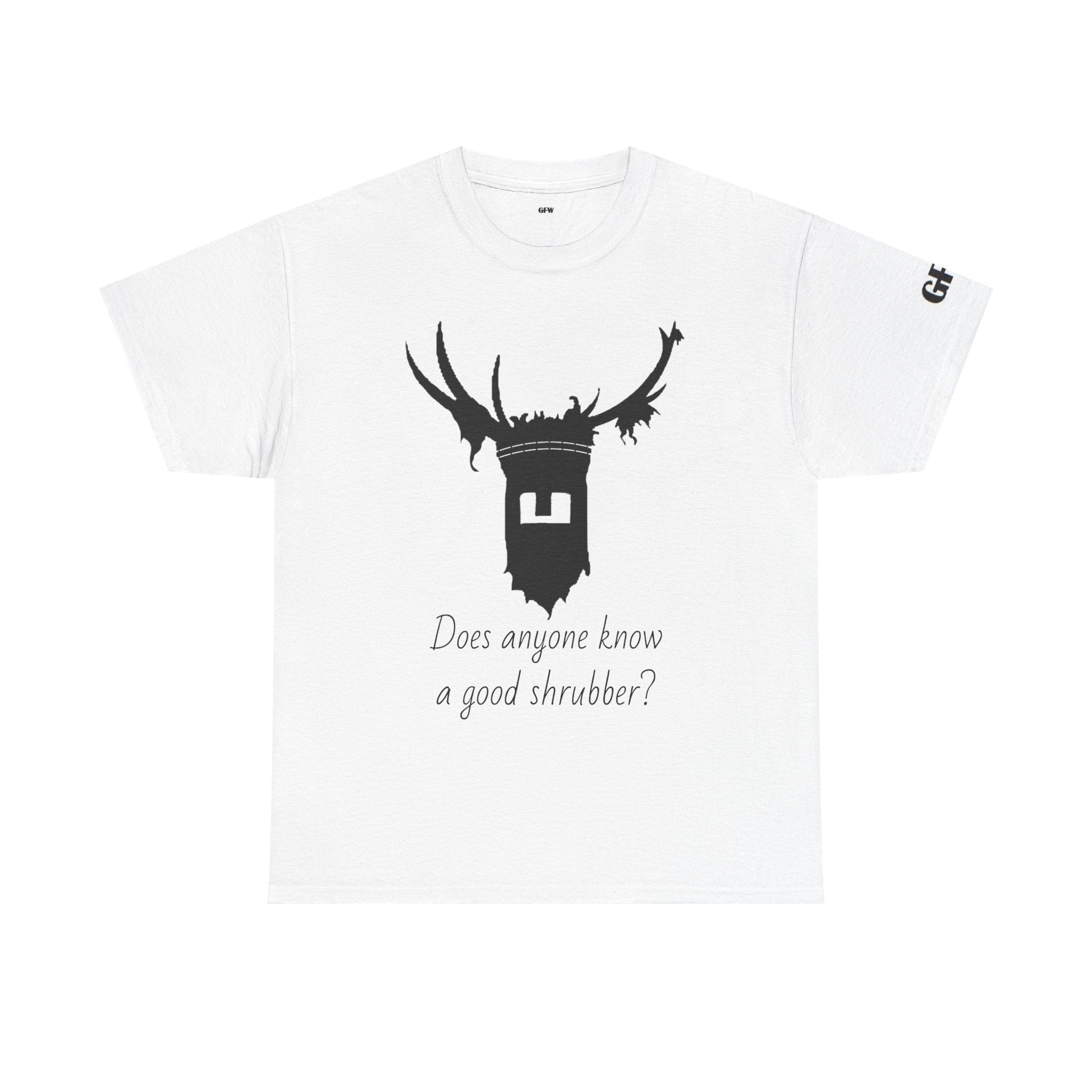 T‑Shirt — 'Does Anyone Know a Good Shrubber?'  Black Deer Mask Tee