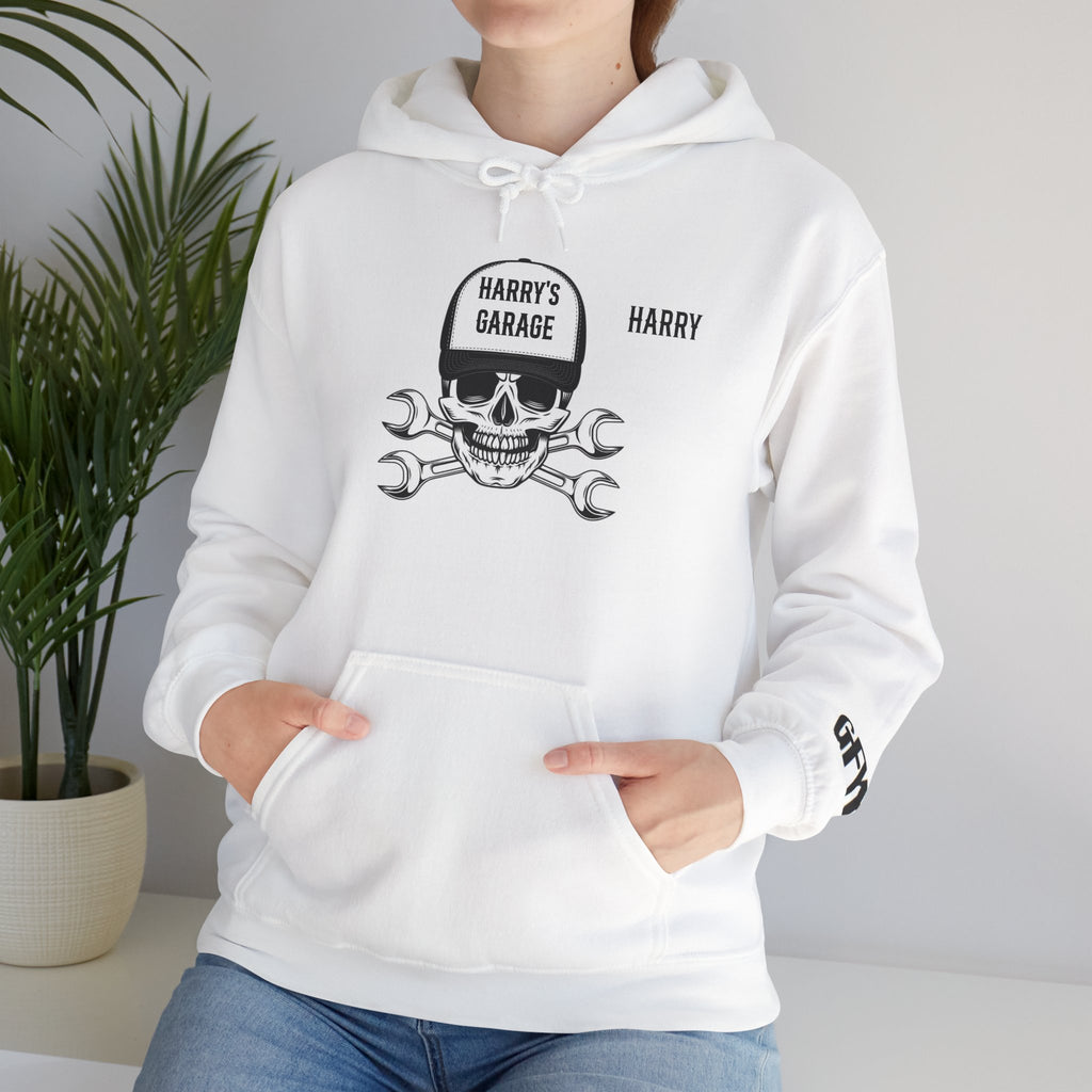 Personalisable - Garage Skull Hoodie — "Harry's Garage" Mechanic Wrench Pullover