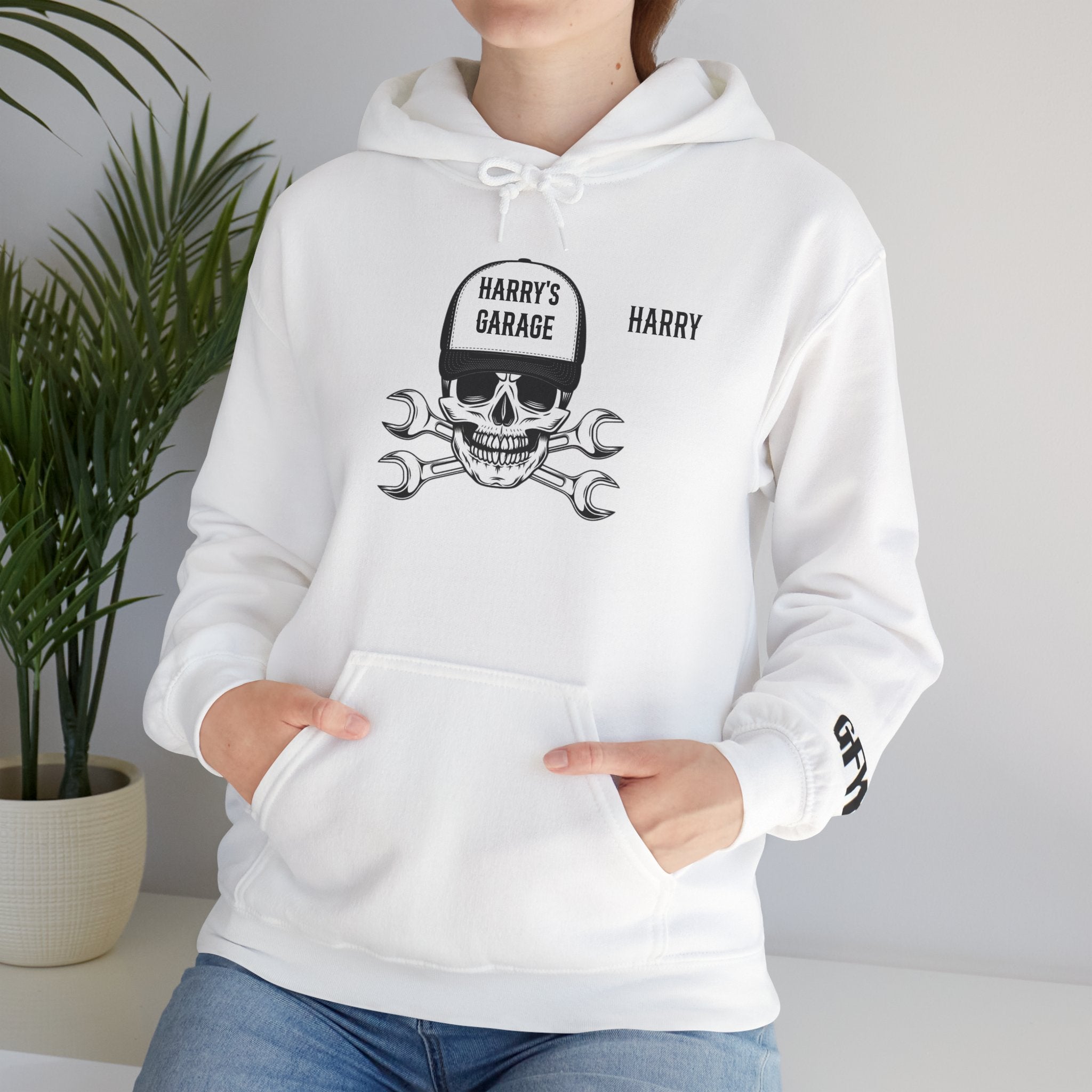 Personalisable - Garage Skull Hoodie — "Harry's Garage" Mechanic Wrench Pullover