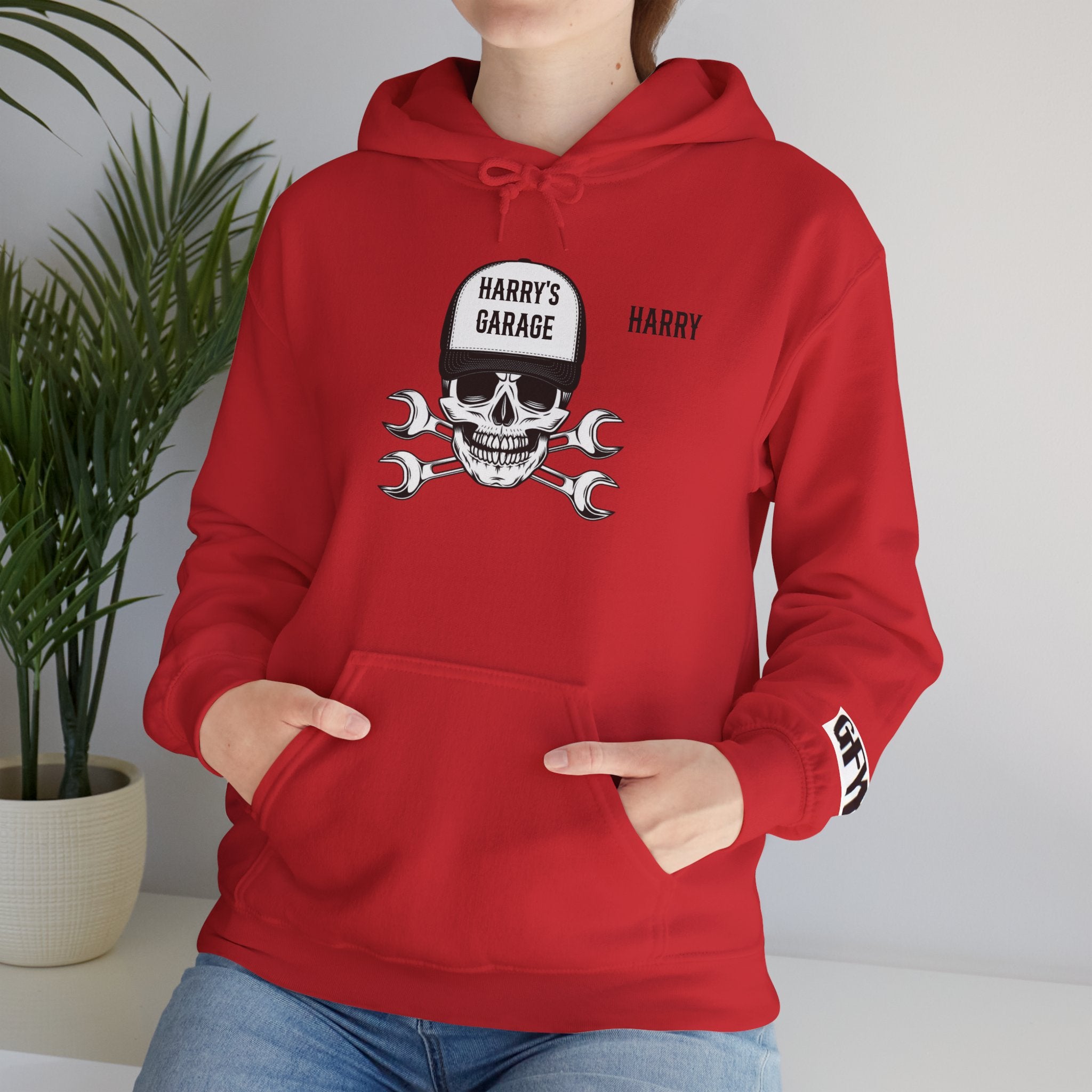 Personalisable - Garage Skull Hoodie — "Harry's Garage" Mechanic Wrench Pullover