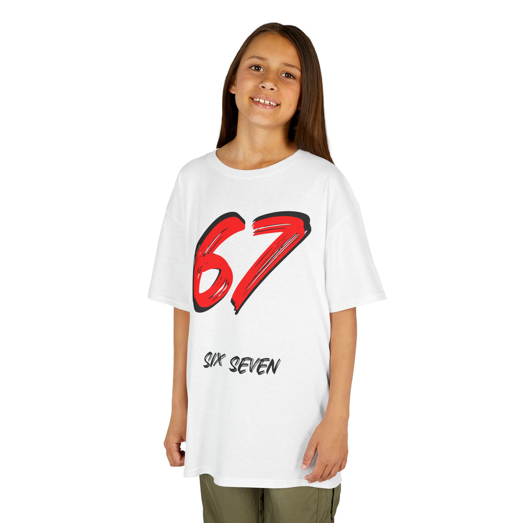 Kids '67' Graphic Tee — Red Number Design with “Six Seven” Text