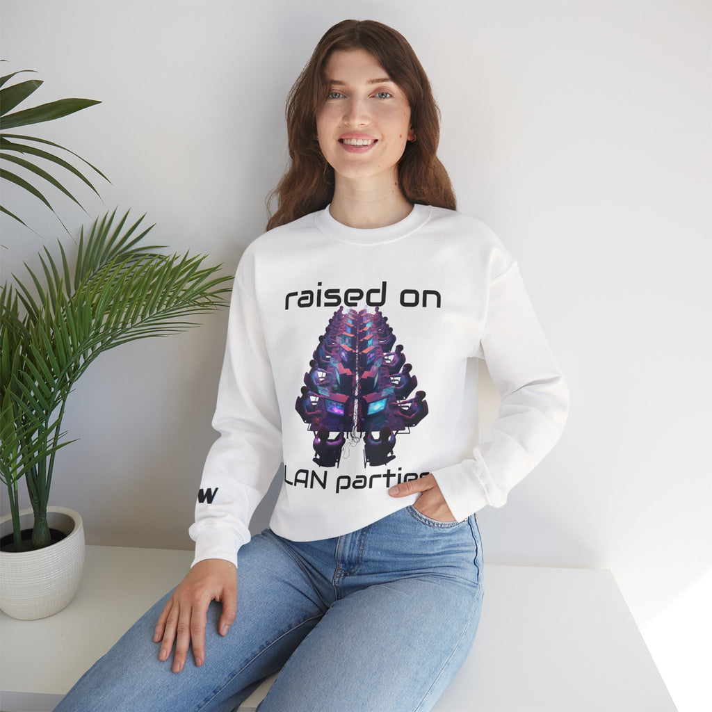 LAN Party Sweatshirt — "Raised on LAN Parties" Crewneck with Backside LAN Checklist