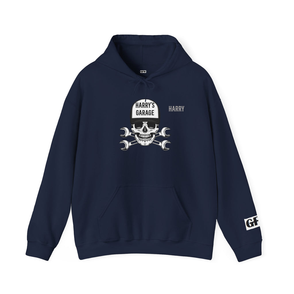 Personalisable - Garage Skull Hoodie — "Harry's Garage" Mechanic Wrench Pullover