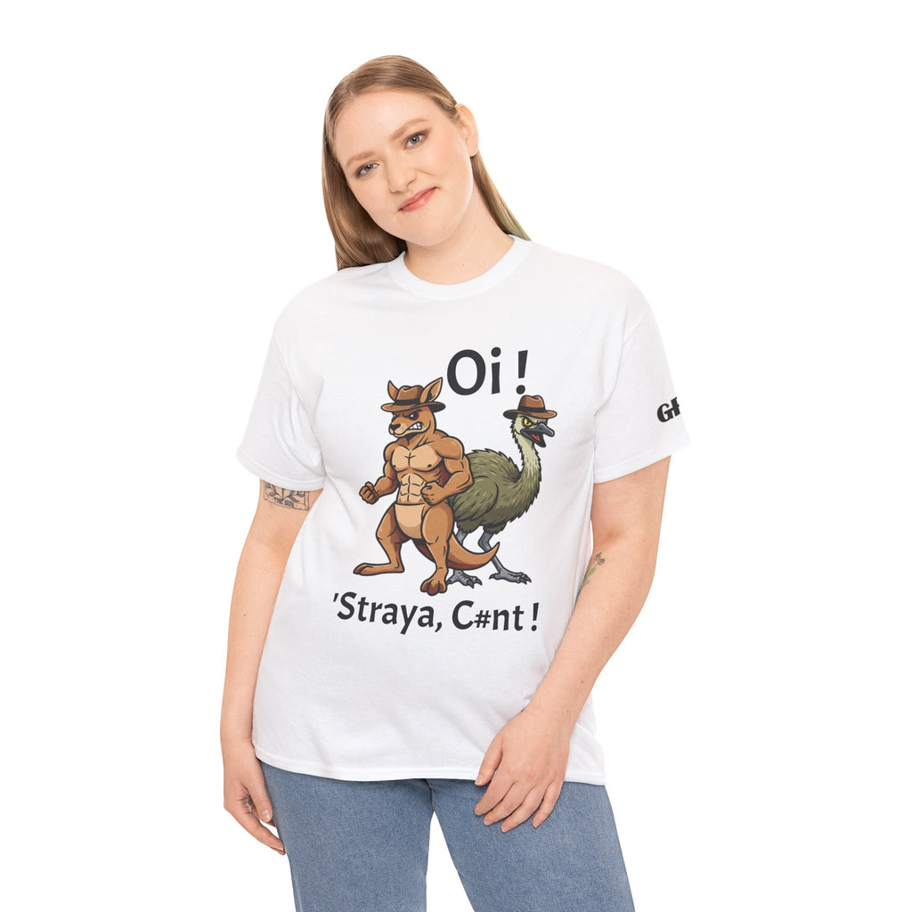 Aussie Mates Graphic Tee — “Oi! ’Straya, C#nt!” Cartoon Kangaroo & Emu Shirt