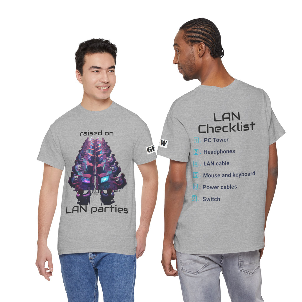 LAN Parties T-Shirt — "Raised on LAN parties" PC Gaming Tee with LAN Checklist