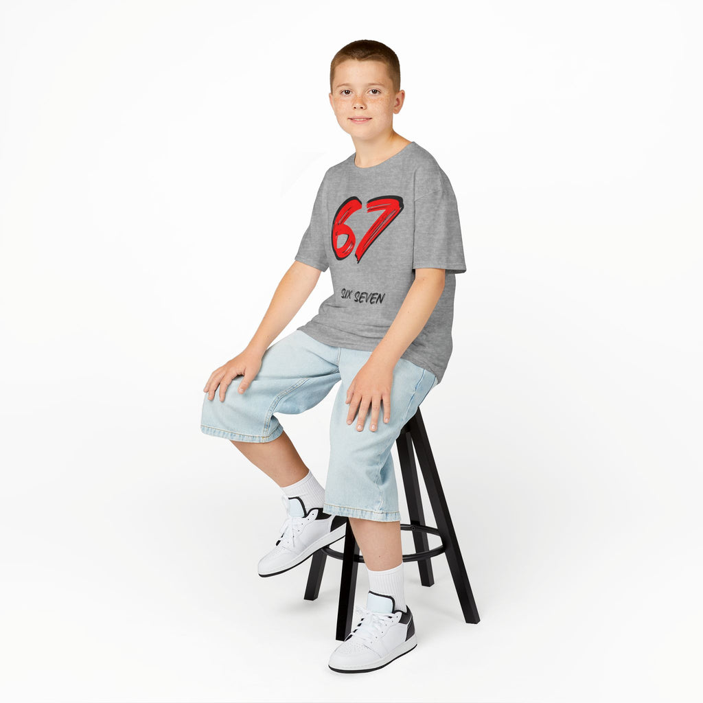 Kids '67' Graphic Tee — Red Number Design with “Six Seven” Text