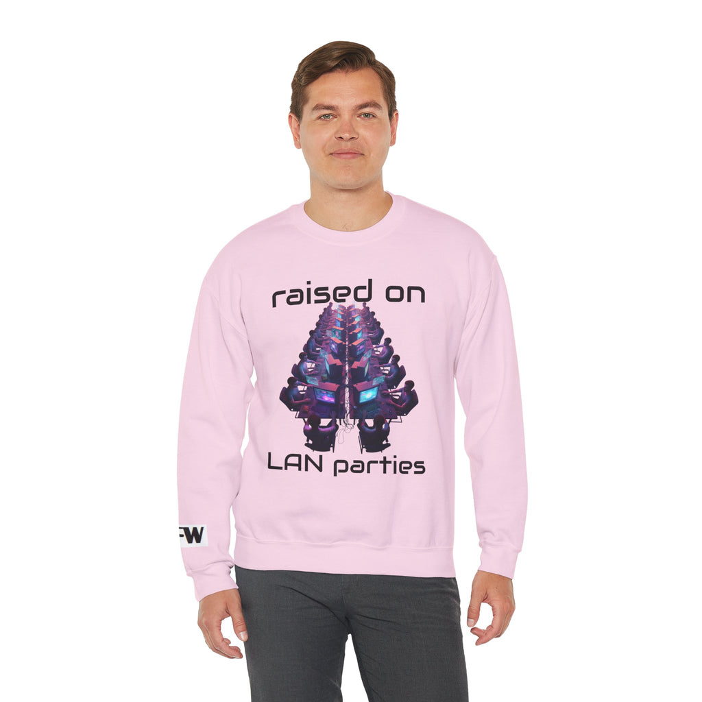 LAN Party Sweatshirt — "Raised on LAN Parties" Crewneck with Backside LAN Checklist