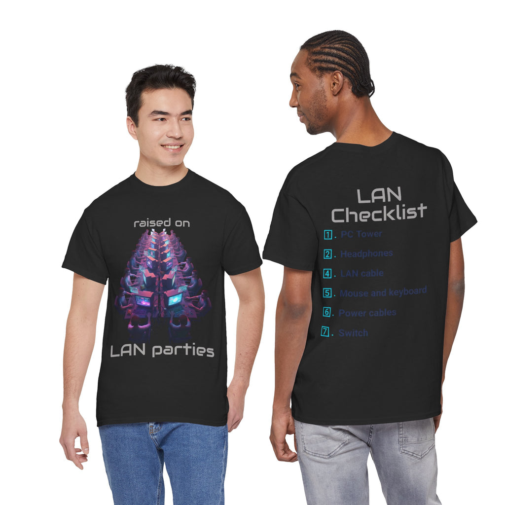LAN Parties T-Shirt — "Raised on LAN parties" PC Gaming Tee with LAN Checklist